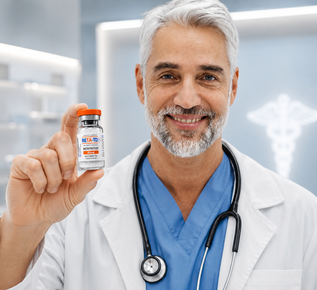 Médico presentando un vial de RETA-TD en su consultorio